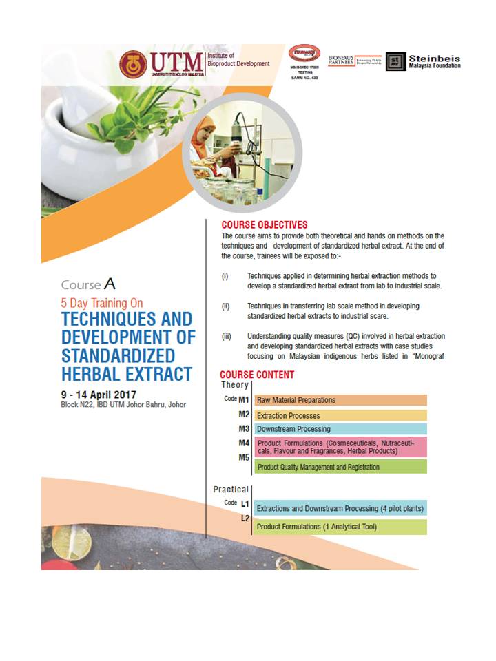 INVITATION : TECHNIQUES AND DEVELOPMENT OF STANDARDIZED HERBAL EXTRACT AND BIOPRODUCT DEVELOPMENT COURSE