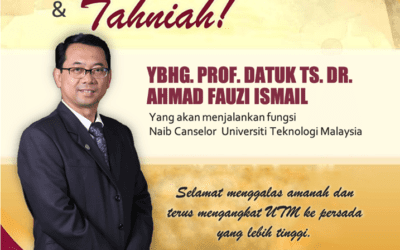 Setinggi-tinggi syabas dan tahniah Ybhg. Prof. Datuk Ts. Dr. Ahmad Fauzi Ismail yang akan menjalankan fungsi Naib Canselor Universiti Teknologi Malaysia. Selamat menggalas amanah dan terus mengangkat UTM ke persada yang lebih tinggi. Daripada: Seluruh Warga SKT