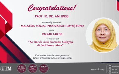 Tahniah dan Syabas kepada Prof. Ir. Dr. Ani Idris di atas kejayaan memperolehi geran di bawah Program Malaysia Social Innovation (MySI) 2020 berjumlah RM240, 140.00 di bawah Kementerian Sains, Teknologi dan Inovasi, MOSTI. Tajuk Projek adalah “Air Bersih untuk Komuniti Nelayan di Parit Jawa, Muar”.